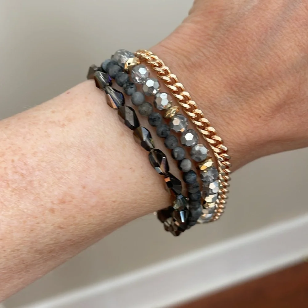Victoria Emerson Stacked Bracelet with One Clasp Crystal, Stone & Chain - Picture 9 of 16